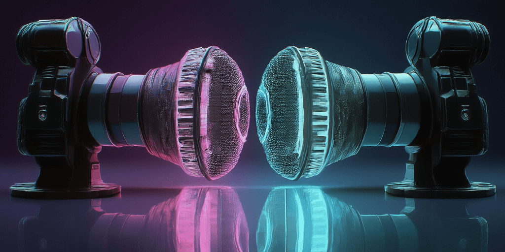 Two microphones facing each other, one lit magenta and one lit cyan