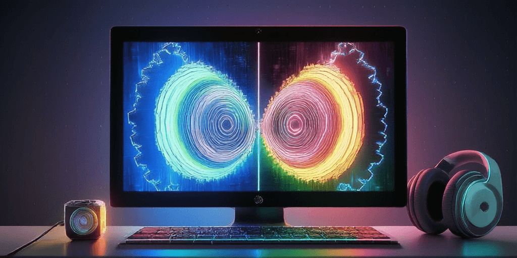 An audio waveform separating into two coloured layers on a studio monitor
