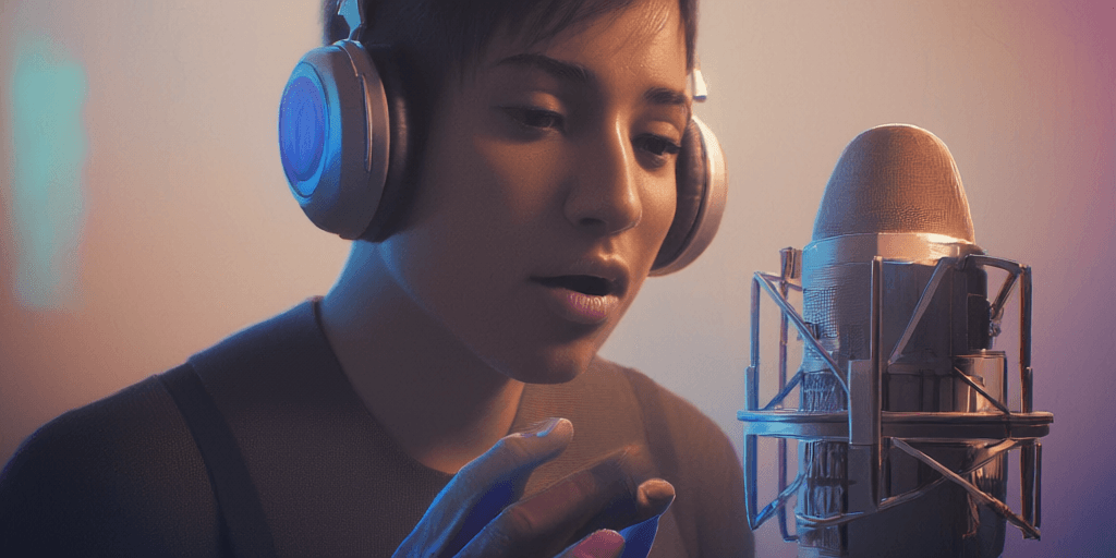 A singer recording at a condenser microphone in a vocal booth