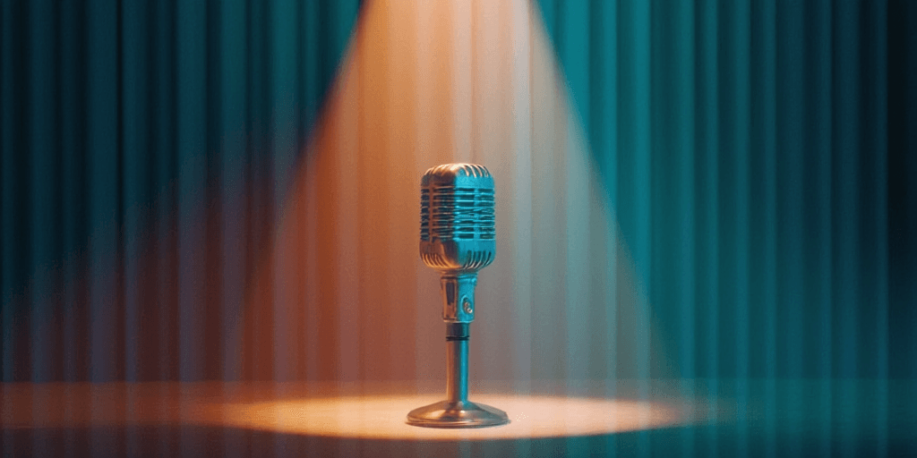 A vintage microphone under a spotlight on an empty stage