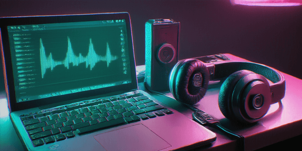 A laptop showing an audio waveform beside studio headphones on a dark desk