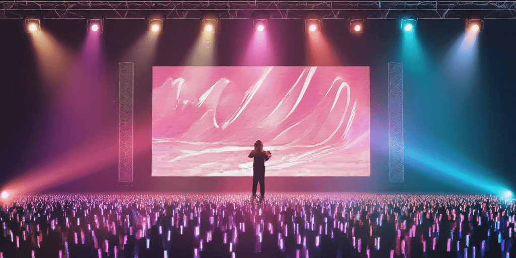A singer silhouetted against a large screen showing a glowing lyric timeline