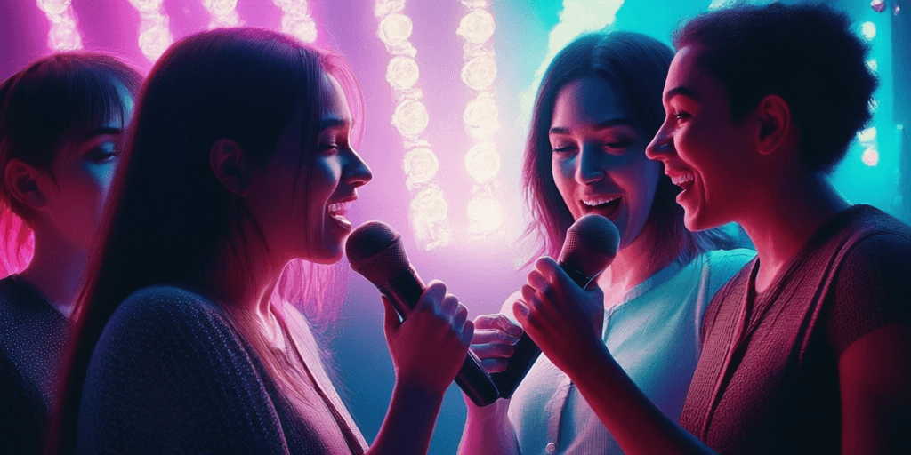 Friends singing karaoke together at a house party under neon lights