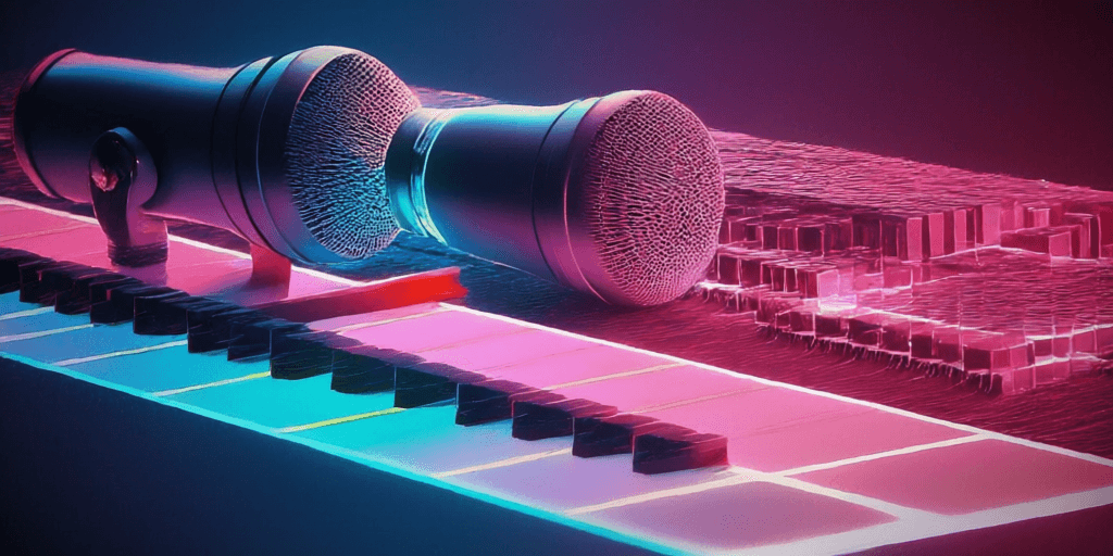 A studio microphone fading out beside a glowing instrumental waveform