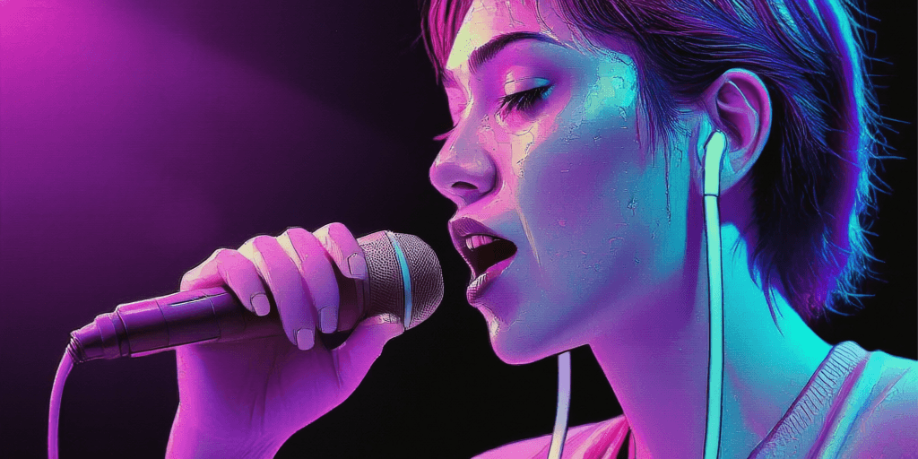 A person singing along to a karaoke track on their phone